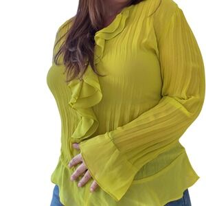 Style&co Womens 18 Chartreuse Yellow Pleated Ruffle V-Neck Bell Sleeve Blouse